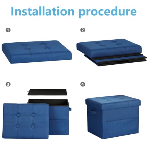 Image of Bsketa Storage Ottoman Bench,17 inch Folding Linen Foot Rest Stool,Dark Blue | Small Ottoman with Side Pockets, Thicker Foam Padded Seat, Livingroom, Dorm, Bedroom, Easy to install, 43L,17 x 13 x 13in