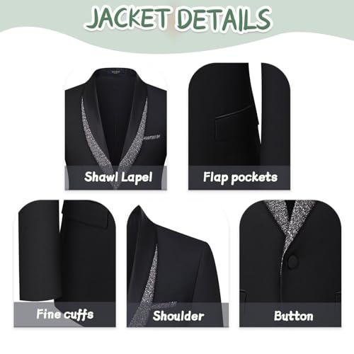 Men's Shawl Lapel 3 Piece Suit Set with Blue Paisley Vest, Black Pants One Button Blazer Formal Wedding & Party Attire2