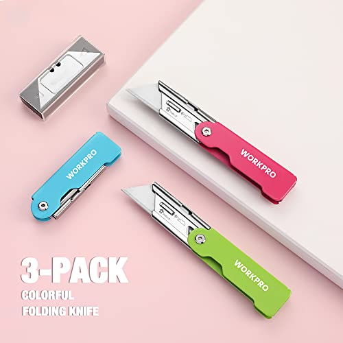 Workpro 3-Pack Folding Utility Knife Set, Quick Change Blade Box Cutter, Razor Knife With Belt Clip, 10 Extra Sk5 Blades For Cartons, Cardboard And Boxes #TOP5