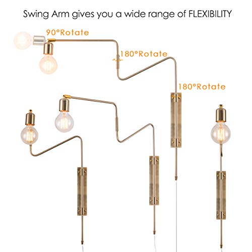 Image of Brass Plug in Wall Sconce Set of 2, Modern Swing Arms Plug-in Bedroom Living Room Wall Lamp Industrial Adjustable Wall Sconces Lighting