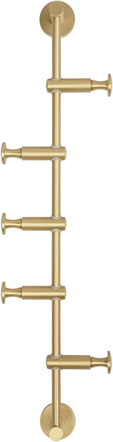 5 Hook Wall Mounted Coat Rack, Brass Tree Branch Coat Rack with Rotatable Hooks Adjustable Hook Spacing Vertical Entryway Hanger Tree for Coat Hats Keys Umbrellas (Gold)