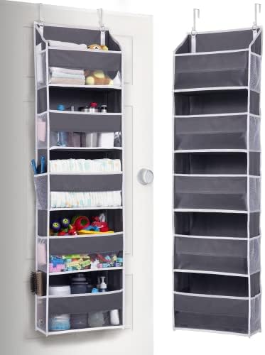 ULG Over Door Organizer with 5 Large Pockets 10 Mesh Side Pockets, 44 lbs Weight Capacity Hanging Storage Organizer with Clear Window for Bedroom Nursery, Kids Toys, Shoes, Diapers, Dark Grey (1 Pack)