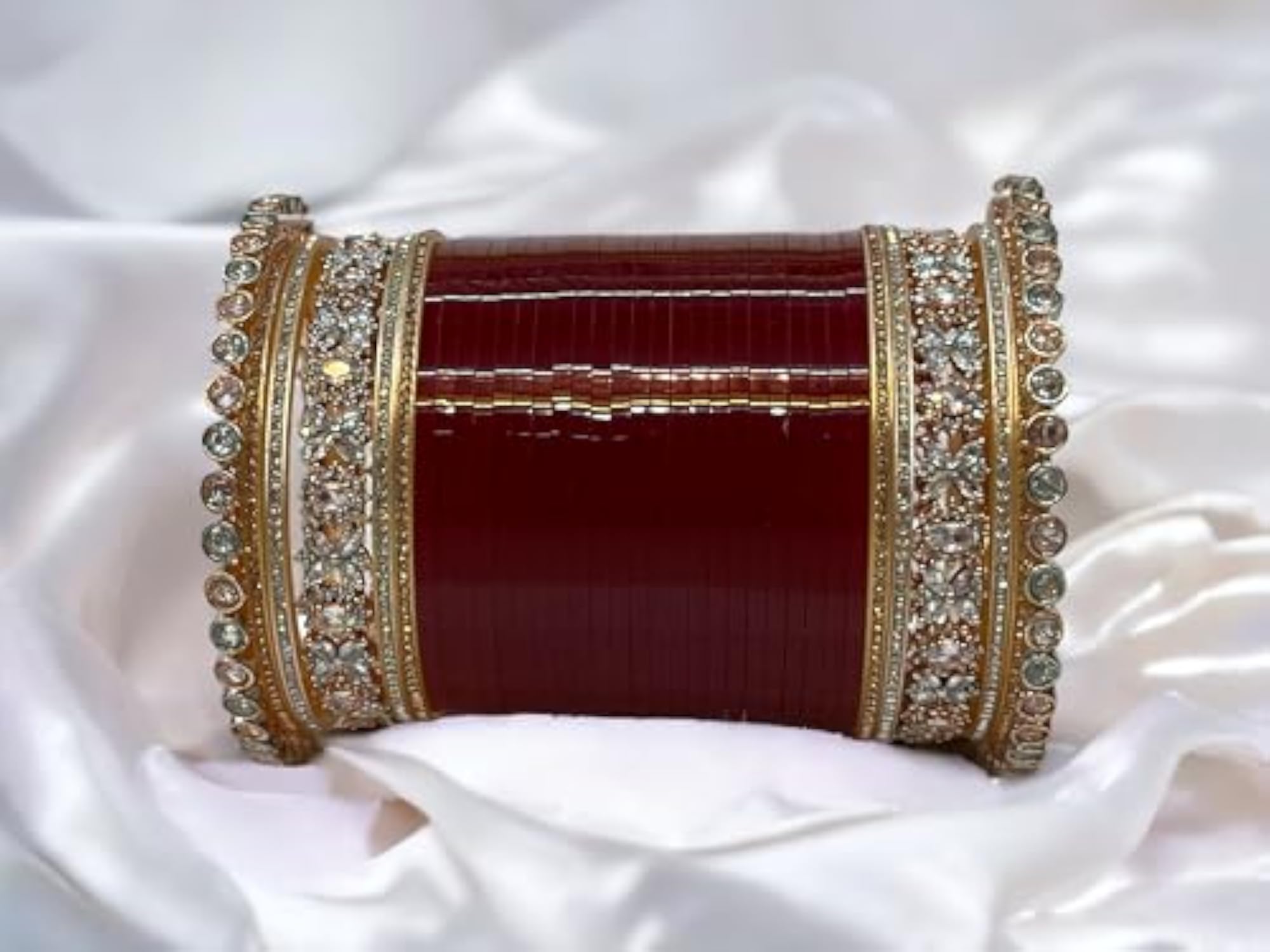 Women's Rose Royal Bridal AD Chuda Set with Wooden Bangle Box