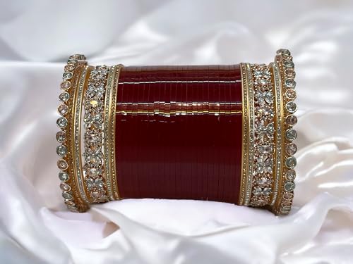 Women's Rose Royal Bridal AD Chuda Set with Wooden Bangle Box