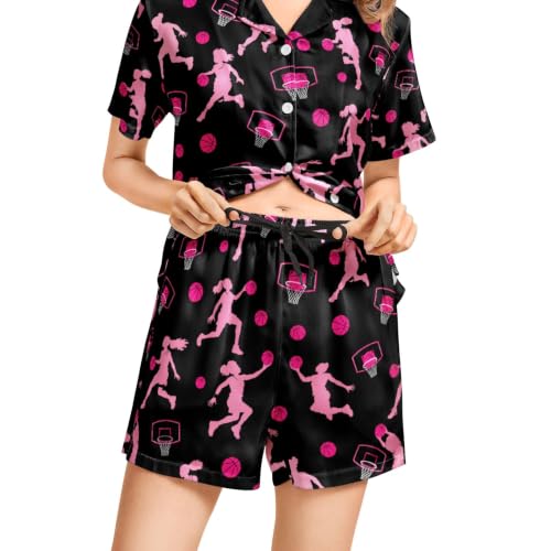 Image of Funny Pajamas for Women Set Print Satin Loungewear Pjs Short Sleeve Button Down Top and Shorts Sets Sleepwear XS-3XL