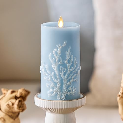 Image of Luminara Embossed Coral Flameless LED Candle Moving Flame Pillar, Unscented Real Wax with Recessed Edge 3 inch x 6.5 inch (Soft Chambray)