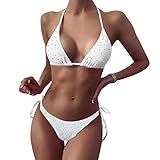 Women Sexy Halter Shiny Rhinestone Bikini Set Two Pieces Triangle Tie Side Thong Swimsuit Bathing Suit Beachwear White