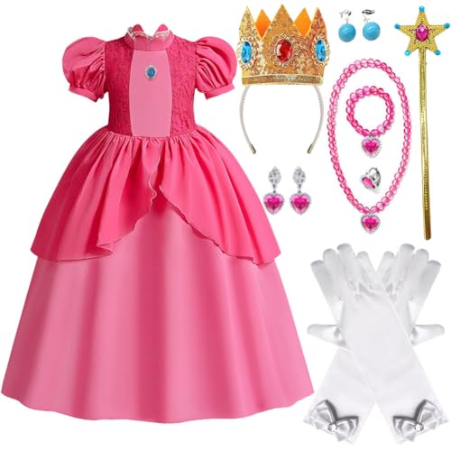 Princess Peach Costume for Girls Peach Dress with Accessories for Birthday Party Halloween Christmas Dress Up Costume (Rose, 110(3-4T))