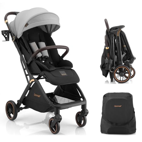 Image of Gromast Gravity Folding Baby Stroller - Portable Travel Toddler Stroller w /Adjustable Backrest, Canopy & Cup Holder, Lightweight and UV Protected, One-Hand Automatic Folding - Light Grey