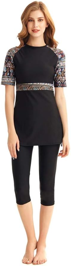 Womens Modest Swimsuit 2 Piece Elegant Short Sleeve Bikinis Surfing Swimwear