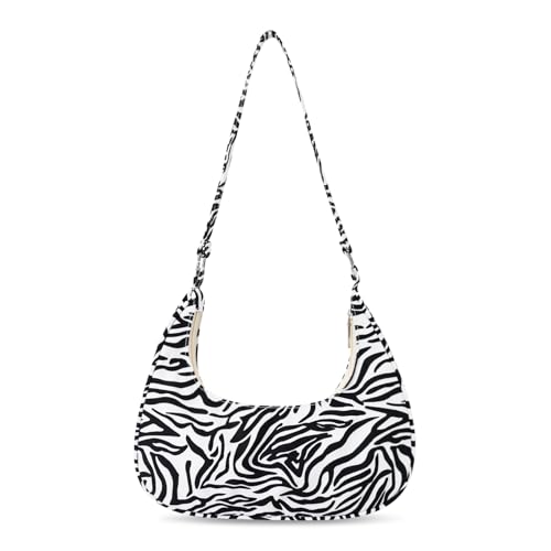 FuninCrea Small Shoulder Bags for Women, Nylon Crescent Bag with Zipper, Fashionable Women's Shoulder Handbags Dumpling Shaped Womens Handbags Printed with Animal Element Patterns (Zebras)