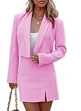 RAISECOM Women's Lapel Collar Long Sleeve Blazer and Split High Waisted Mini Skirt Suit Set Pink