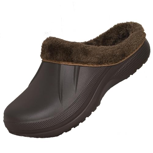 Image of Meidiastra Unisex Faux Fur Lining Clogs: Slip-On Waterproof EVA Garden House Clogs with Fleece-Lined - Winter Warm Anti-Slip Indoor Outdoor Walking Slippers for Mens Womens Brown 300