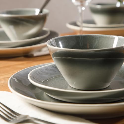 Image of Gibson Elite Plates and Bowls Set, 12 Piece Stoneware Dinnerware for 4 | River Delta Collection - Ceramic Dishes, Reactive Glaze Ombre Black, Microwave Safe Dishware, Chip Resistant, Family Dining