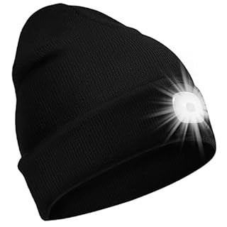 SPGOOD LED Bonnet Tricotés Hommes Femmes 4 LED Chapeaux USB Rechargeables avec 3 Modes de Lumière Mains Libres,Cadeau De Noël pour Camping,Promenade des Chiens,Course, Alpinisme(Noir)