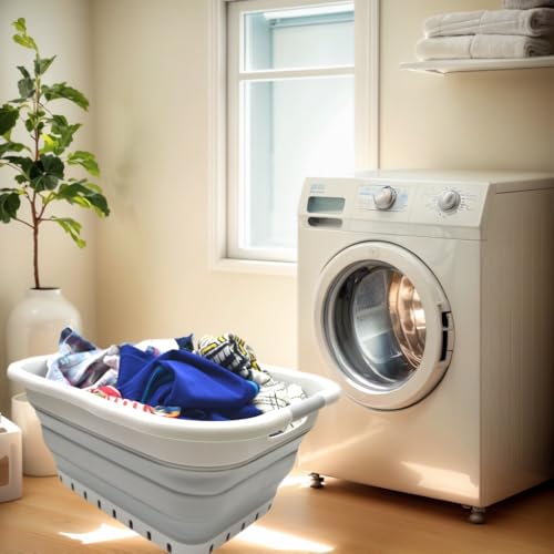 SAMMART 41L Collapsible 3 Handled Plastic Laundry Basket - Foldable Pop Up Storage Container/Organizer - Portable Washing Tub - Space Saving Hamper/Basket (3 rechteckig behandelt, Grau/Grau)