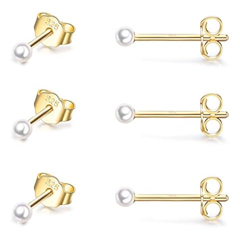 Sterling Silver Stud Earrings for Women- 3 Pairs of 2mm Tiny Pearl Earrings Set Cartilage Small Tragus Earrings Nose Lip Rings, Gold Cover