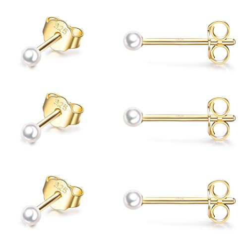 Sterling Silver Stud Earrings for Women- 3 Pairs of 2mm Tiny Pearl Earrings Set Cartilage Small Tragus Earrings Nose Lip Rings, Gold by EPIRORA - Used condition - US$13.62