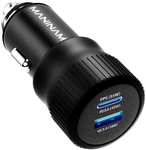 MANINAM All-Metal 73W Super Fast USB-C Car Charger M113 – PPS PD 3.0 Dual-Port Fast Charger 55W+18W for Samsung S24 S23 S22 Note 10 Plus iPhone 15 14 MacBook Laptop – No Cable, US Brand Warranty