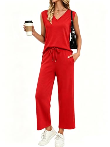 YOKGO Two Piece Sets for Women Summer Outfits V Neck Lounge Sets Business Casual Vacation Travel Matching Set