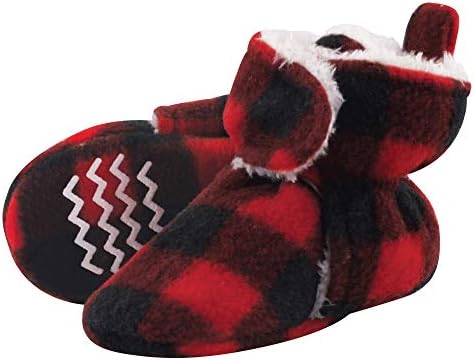 Hudson Baby Unisex Baby Cozy Fleece and Sherpa Booties Black Red Plaid, 6-12 Months