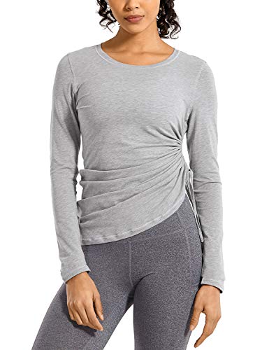 Crz Yoga Women's Pima Cotton Workout Long Sleeve Shirts Adjustable Drawstring Side Ruched Athletic Tops Heathered Medium Grey X-Small #TOP24