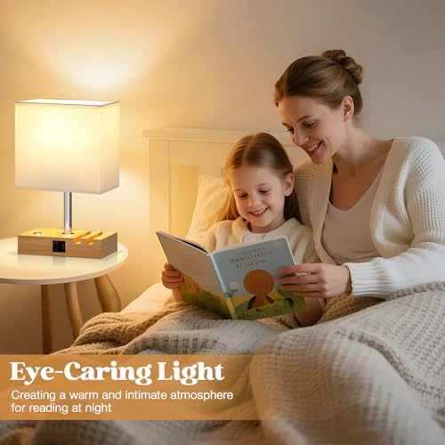 Bedside Lamps, Wooden Table Lamp for Living Room with USB A+C Charging Ports, Dimmable Touch Lamps Bedside with 2 Phone Slots, Wood Charger Organizer for Bedroom, Study, Office(Bulb Included) - Image 6