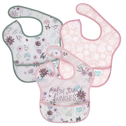 Image of Bumkins Bibs for Girl or Boy, SuperBib Baby and Toddler for 6-24 Months, Essential Must Have for Eating, Feeding, Baby Led Weaning Supplies, Mess Saving Catch Food, Fabric 3-pk Floral and Lace