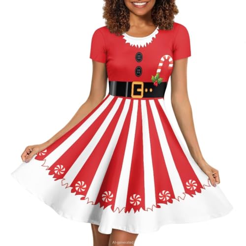 Image of POLERO Women Puffy Swing Elegant Party Midi Dresses Short Sleeve Round Neck A-Line Dress
