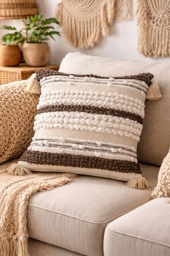 Image of Boho Design Cushion Cover with Tassels, Textured Decorative Throw Pillow Cover, Beige White Brown, 16x16 Inch