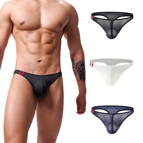Men's Nylon Thong Low Rise Solid Bikini Briefs Underwear