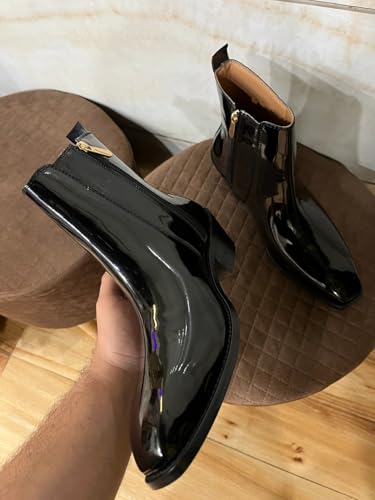 Image of LOZANO Italian Cut Black Patent Leather Chelsea Boots for Men | High Ankle Cuban Heel Square Toe Zip Closure Cushioned Insole Boot