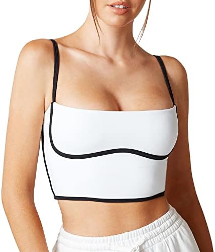 Move With You Sleeveless Spaghetti Strap Padded Sports Bra Tank Tops Square Neck Double Layer Workout Fitness Basic Crop Tops(White,L)