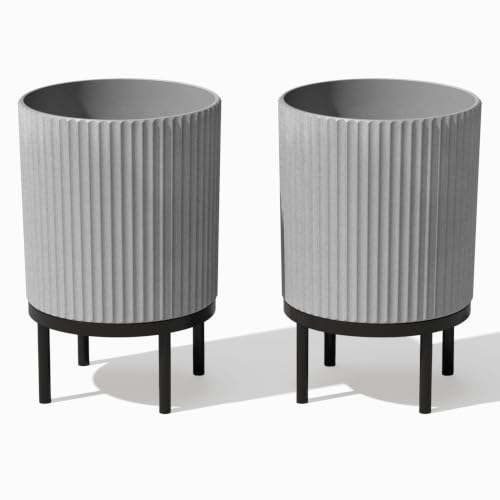 Image of Veradek Demi Series Raised Planter - Round Planter with Stand | Made From a Durable Plastic-Stone Composite & Comes With Wooden Stand. Modern Porch /Patio Decor