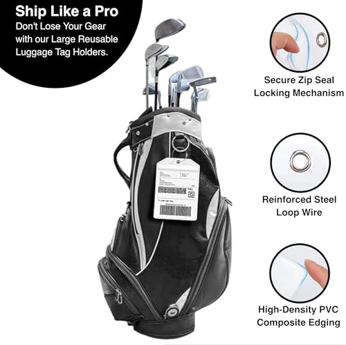 Golf Bag Luggage Tag - Extra Large 9" x 6", Waterproof Plastic Zipper Pouch, PVC Tags for Golf Bag - Sealable Label Holder (2)2