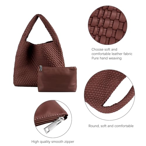 Image of Woven Tote Bag for Women with Purse, Vegan Leather Hobo Bags Large Handmade Underarm Shoulder Bag
