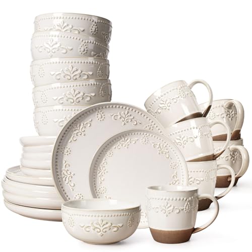 Artena Plates And Bowls Sets, 24 Pieces Dinnerware Sets, Dish Set For 6, Ceramic Kitchen Bowl And Plate Set, Embossed White Dishware Sets, Dishwasher