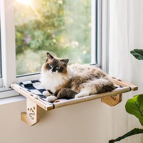 MEWOOFUN Sturdy Cat Window Perch Hammock Bed with Wood & Metal Frame for Cats Easy to Assemble for Windowsill, Bedside, Drawer and Cabinet More (Chessboard, M-22"x 14.5"x 6.7") Cover
