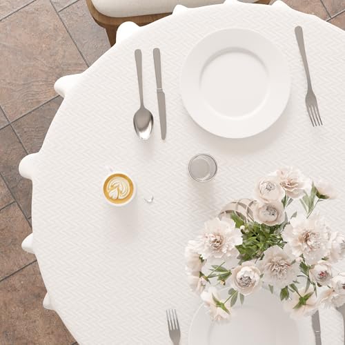 Image of Encasa XO Dining Table Cover Rectangular 85 cm-Round | Waterproof Textured Polyester Dining Table Cloth | Machine Washable Tablecloth | ZZ White
