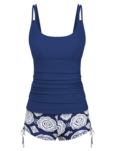 ZAFUL Tankini Swimsuits for Women Bathing Suits Top Ruched Two Piece Tummy Control Round Neck with V-Wire Swim Suits (Blue Pattern Print L) — view 3