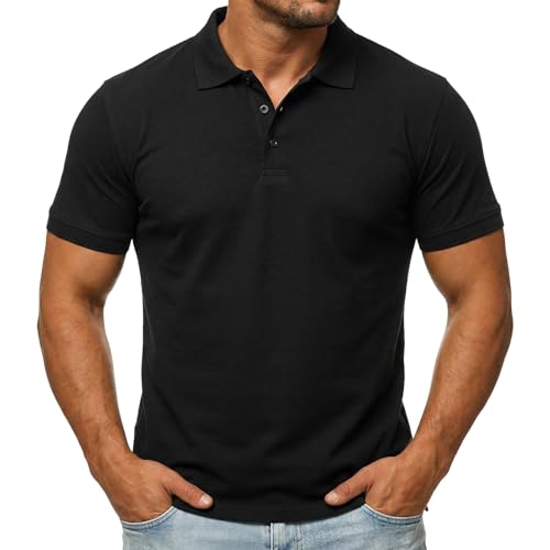 Image of viiotu 100% Cotton Men's Polo Shirts, Breathable Short Sleeve Summer Top, Classic Fit Casual Polo for Work Golf Tennis Daily Wear (UK, Alpha, L, Regular, Regular, Black)