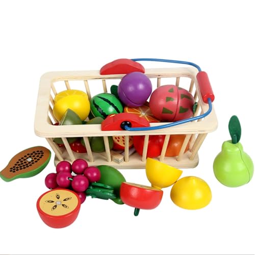 Image of Wooden Fruits Cutting Toys for Kids, Pretend Play Toy Set for Boys and Girls, Wooden Food Basket with Knife & Peeler, Educational Montessori Toy Gift for 3+ Years