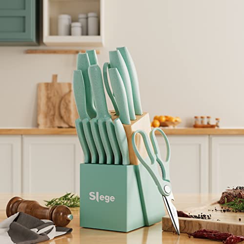 Slege 15Pcs Kitchen Knife Set With Block, Sharpener And Scissor, Stainless Steel Knives With Extre-Light Straw Handle #TOP5
