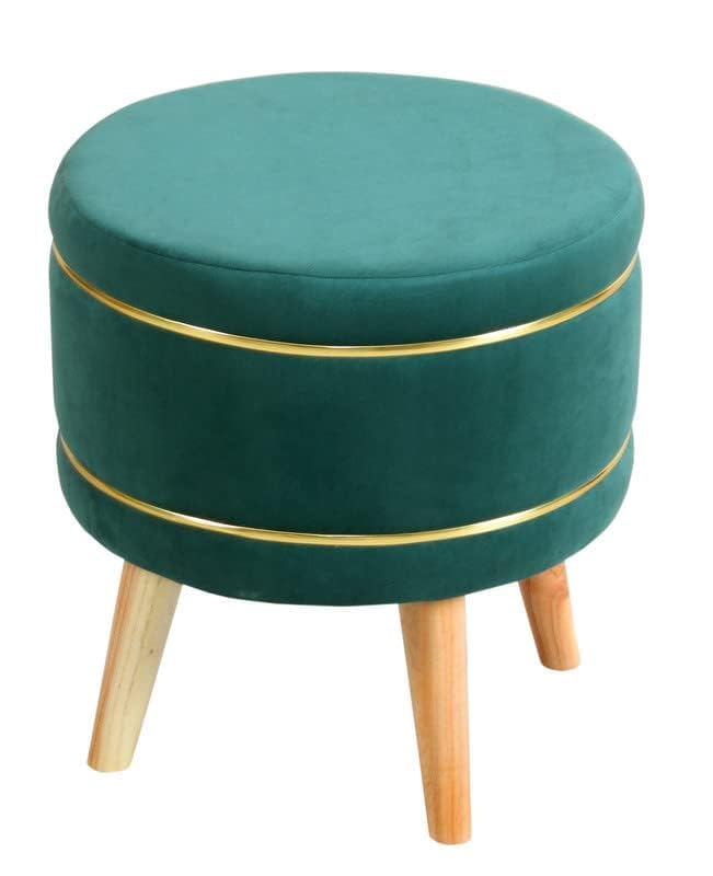 Round Velvet Ottoman Stool for Living Room | Wooden Leg Puffy Stool with Storage | Modern Pouffe Footrest Seat for Bedroom, Dressing Table, Office & Home Decor | Teal Green-image-1