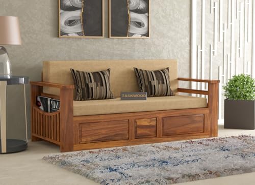 Image of Solid Sheesham Wooden Sofa Cums Bed with Mattresses for Living Room|Rosewood 3-Person Sofa Cums Bed for Bedroom Without Pillow (F-Walnut Finish)