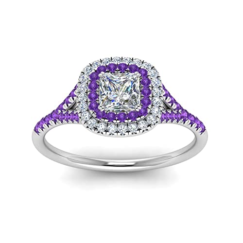 Image of Choose Your Gemstone Delicate Double Halo Diamond CZ Ring Sterling Silver Princess Shape Halo Engagement Rings Matching Jewelry Wedding Jewelry Easy to Wear Gifts US Size 4 to 12