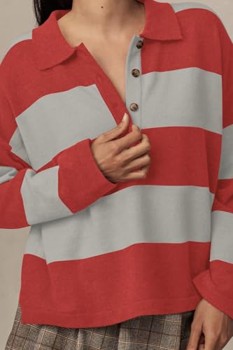 Image of Womens Striped Sweater Rugby Polo Shirts Y2k Collar Pullover Tops