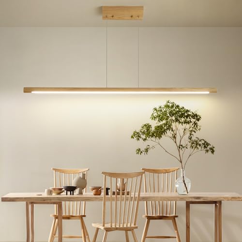 Image of Mikeru 100cm Ash Wood Round Pendant Light, Dining Table Lights 3000K/4500K/6500K Wood Linear Pendant Light LED Dimmable 10% to 100% Modern Island Lighting for Office, Kitchen