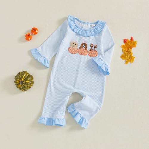 GOOCHEER Newborn Baby Girl Halloween Outfit Pumpkin Dog Romper Striped Ruffle Long Sleeve Bodysuit Jumpsuit Clothes4