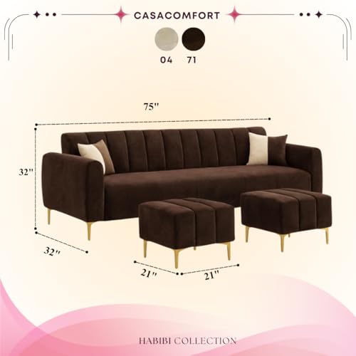 Image of Habibi 5 Seater L Shape Sofa Set with 2 Movable Ottomans | Flexible Layout | Rich Velvet Suede Fabric | Silver Legs | Modern Sofa for Living Room (Dark Brown)